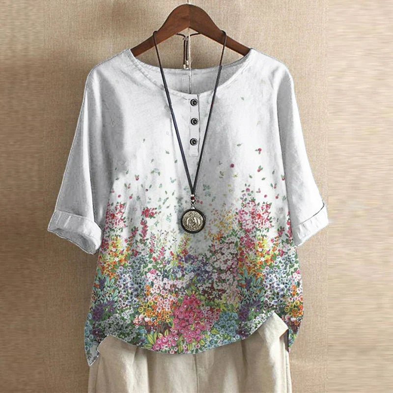Vintage Floral Blouse Relaxed Fit Short Sleeve Top - White