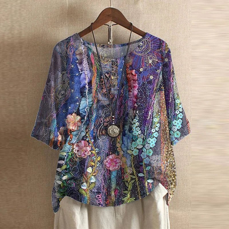 Vintage Floral Blouse Relaxed Fit Short Sleeve Top - Violet