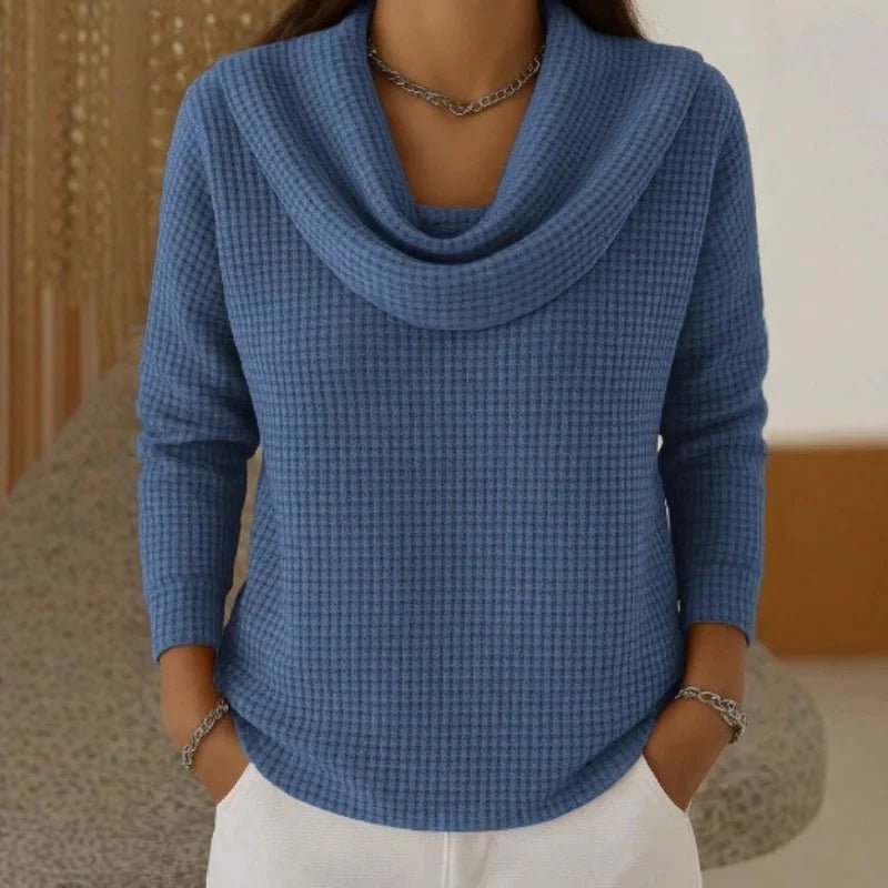 Waffle Knit Cowl Neck Jumper Long Sleeve Textured - Blue