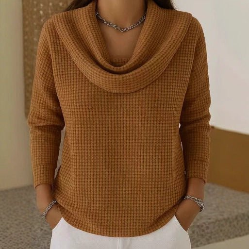 Waffle Knit Cowl Neck Jumper Long Sleeve Textured - Brown