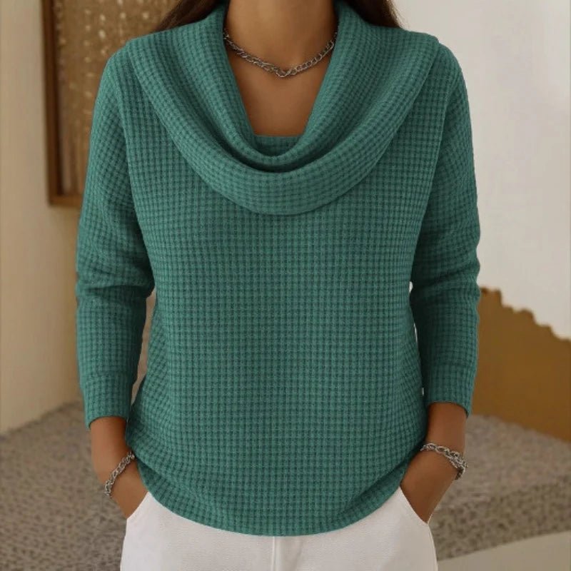 Waffle Knit Cowl Neck Jumper Long Sleeve Textured - Green
