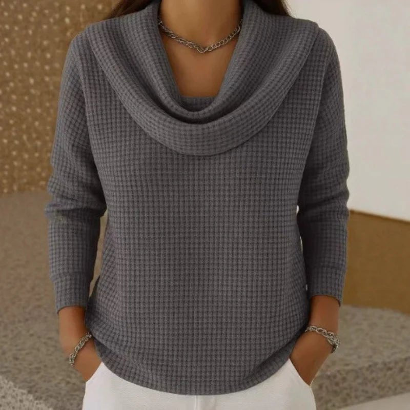 Waffle Knit Cowl Neck Jumper Long Sleeve Textured - Gray