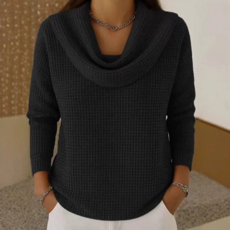 Waffle Knit Cowl Neck Jumper Long Sleeve Textured - Black