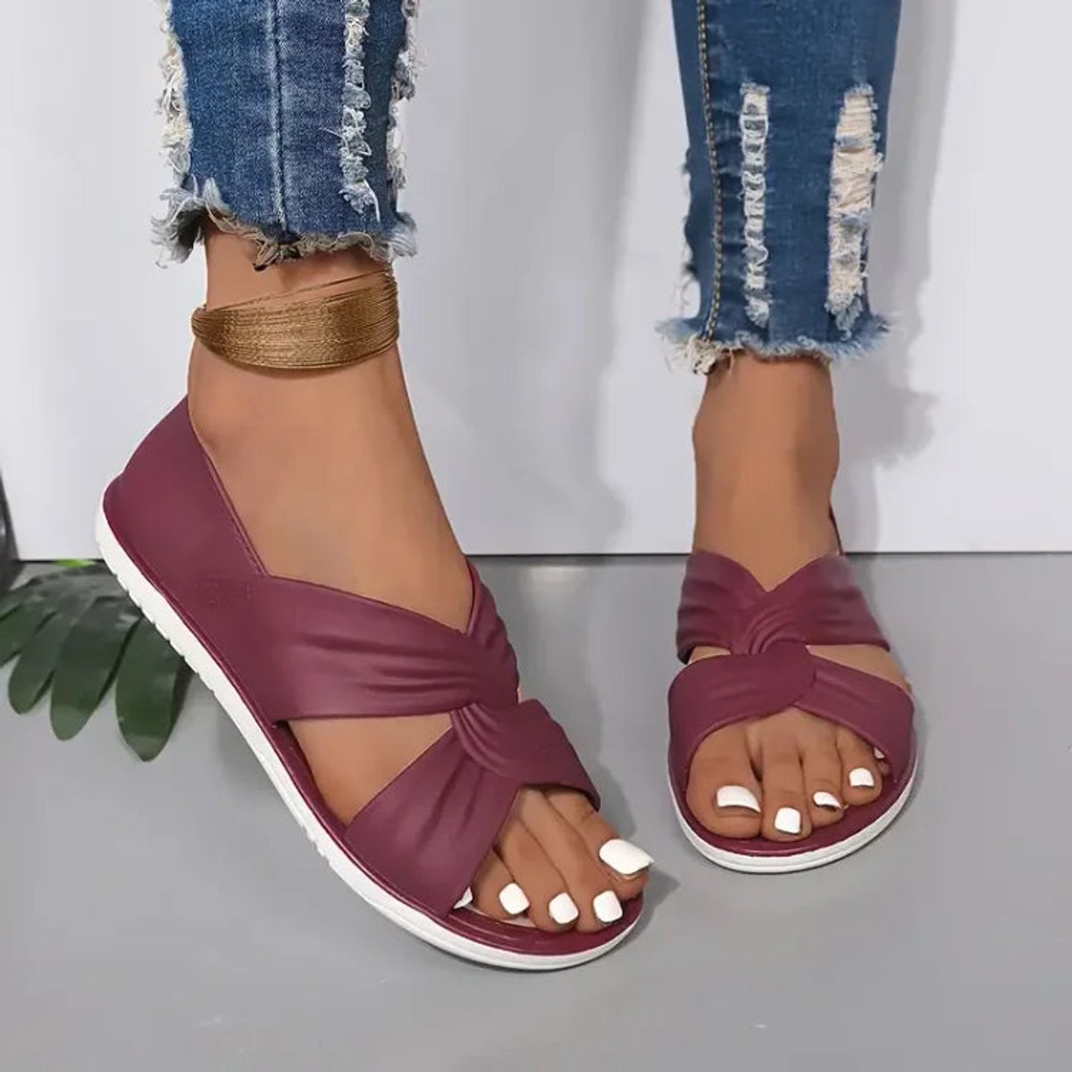 Women Comfort Sandals Orthopedic Slip-On Twisted Strap Flats - Lilac