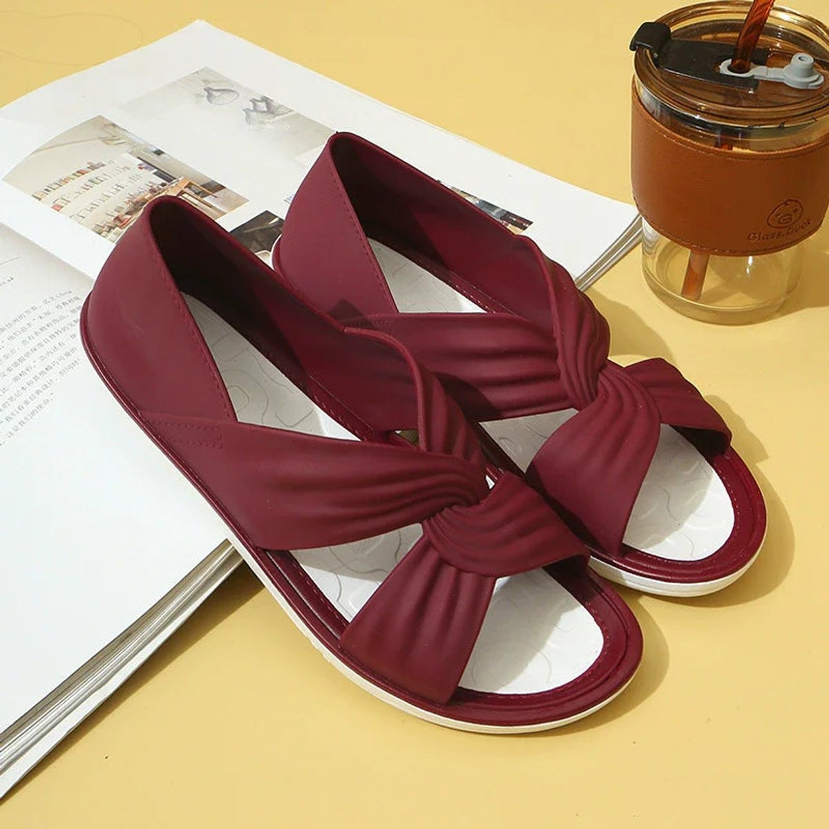 Women Comfort Sandals Orthopedic Slip-On Twisted Strap Flats - Red