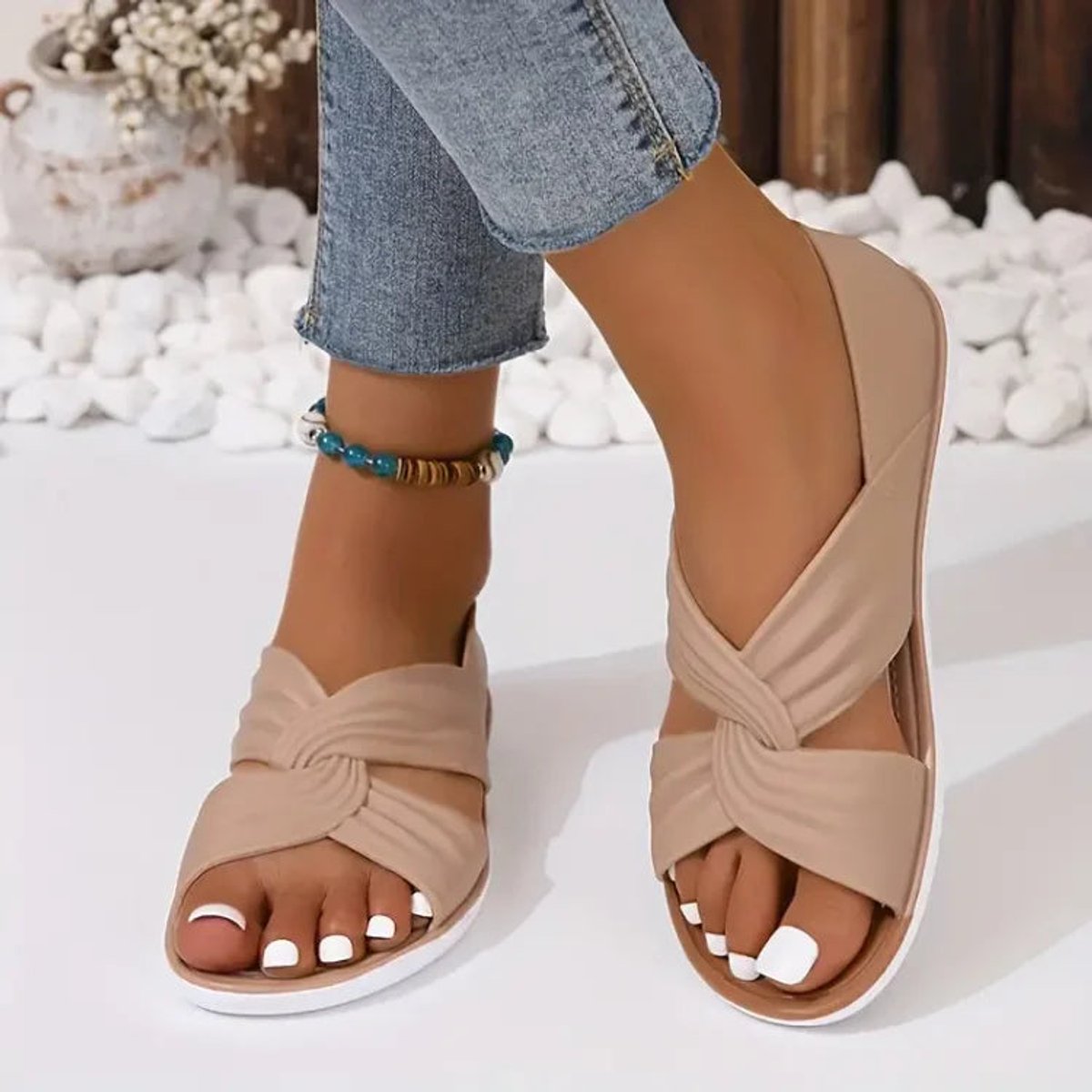 Women Comfort Sandals Orthopedic Slip-On Twisted Strap Flats