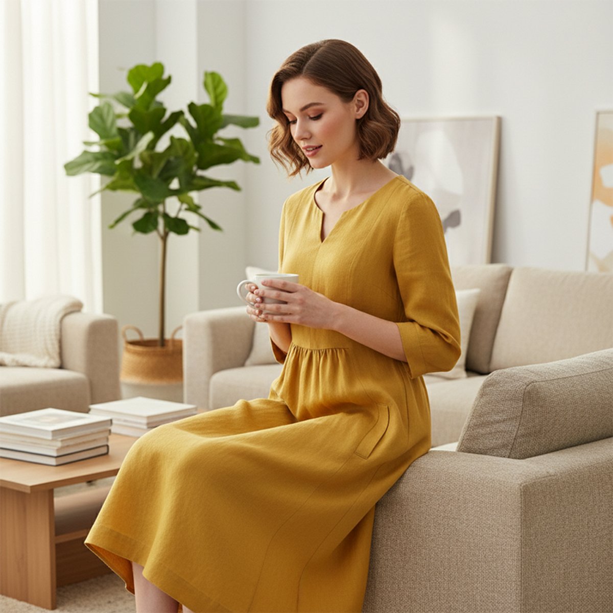 Women's 3/4 Sleeve V Neck Dress Casual Midi Swing