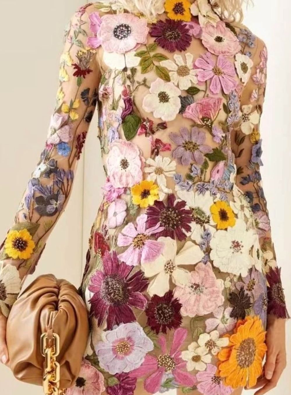 Women's 3D Floral Embroidered Long-Sleeve Mini Dress - Pink