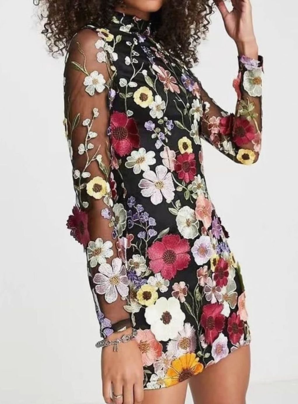 Women's 3D Floral Embroidered Long-Sleeve Mini Dress