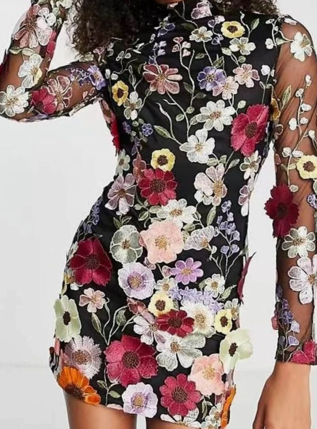 Women's 3D Floral Embroidered Long-Sleeve Mini Dress - Black