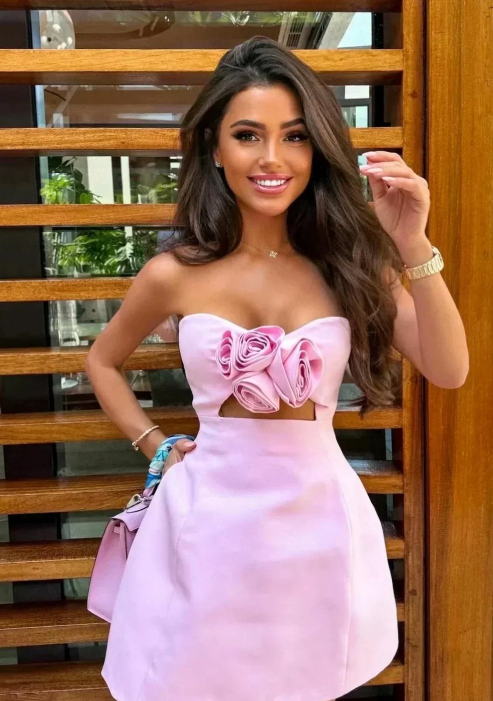 Women's 3D Rose Strapless Formal Mini Dress - Pink