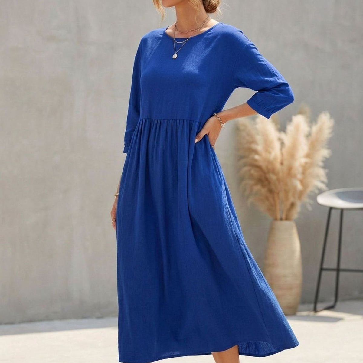 Women's A-Line Empire Waist 3/4 Sleeve Midi Dress - Blue