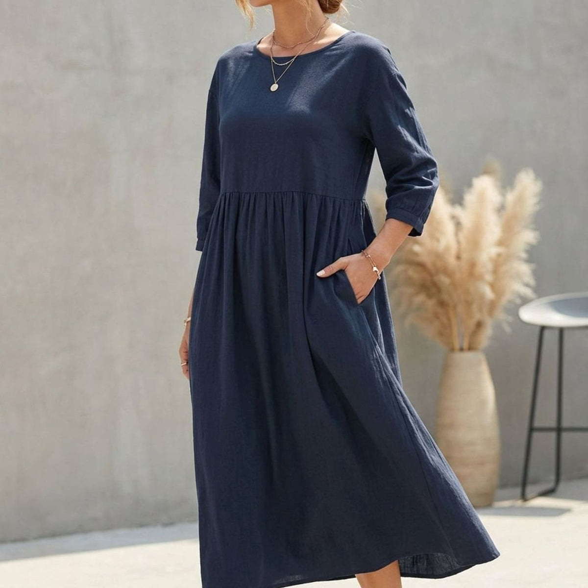 Women's A-Line Empire Waist 3/4 Sleeve Midi Dress - Dark Blue