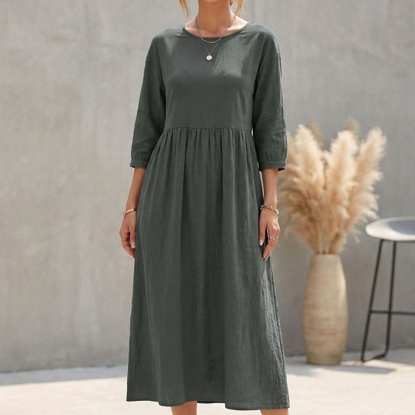Women's A-Line Empire Waist 3/4 Sleeve Midi Dress - Grey Green