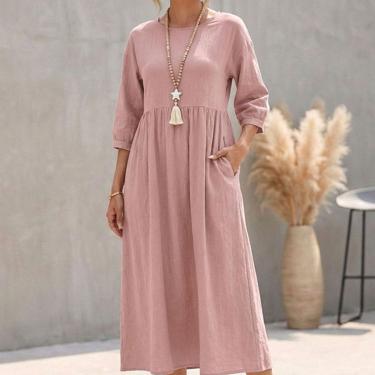 Women's A-Line Empire Waist 3/4 Sleeve Midi Dress - Pink