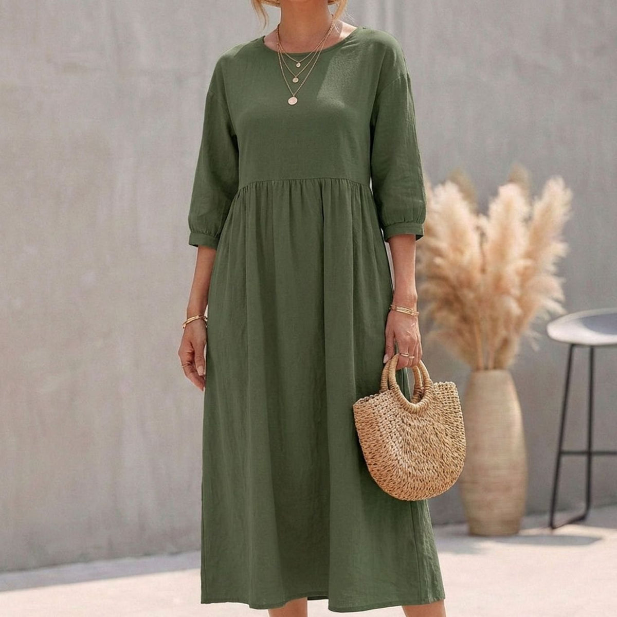 Women's A-Line Empire Waist 3/4 Sleeve Midi Dress - Green