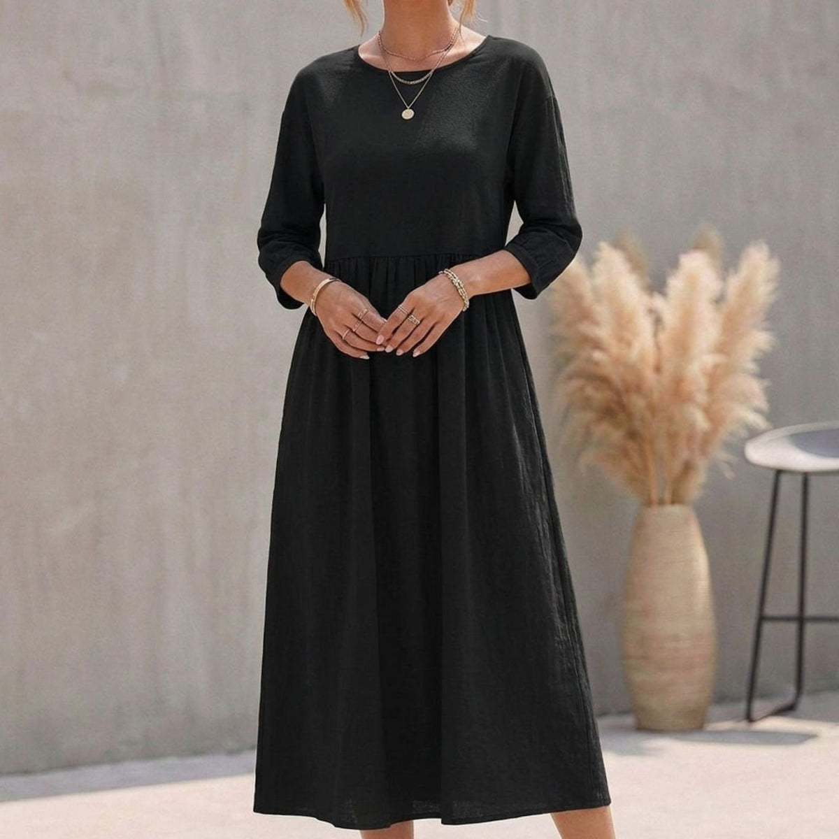 Women's A-Line Empire Waist 3/4 Sleeve Midi Dress - Black