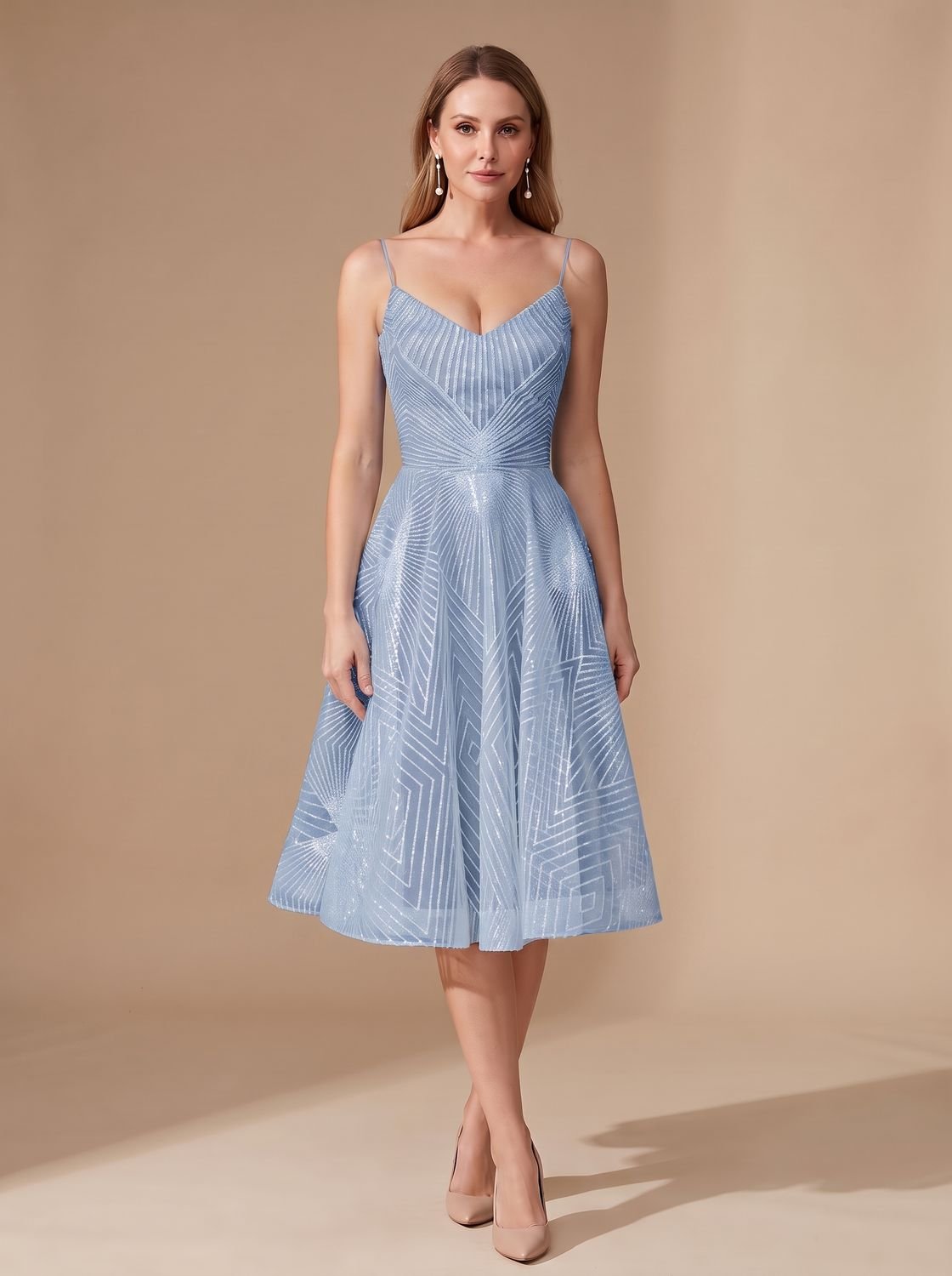 Women's A-Line Spaghetti Strap Lace Midi Cocktail Dress