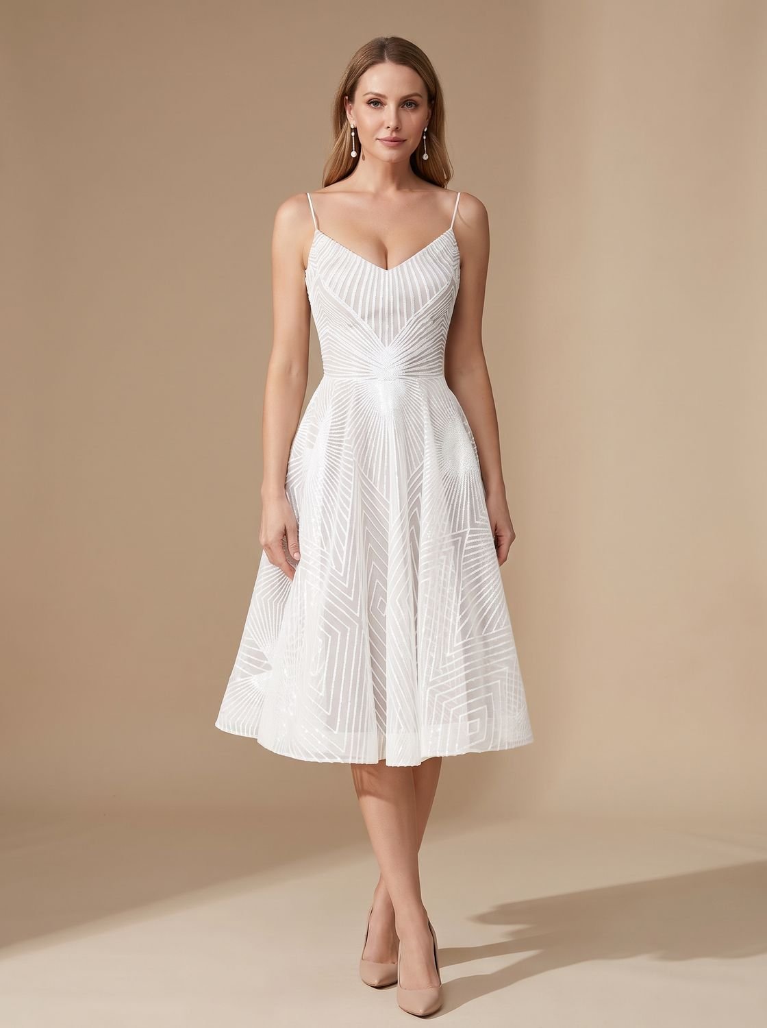 Women's A-Line Spaghetti Strap Lace Midi Cocktail Dress - White