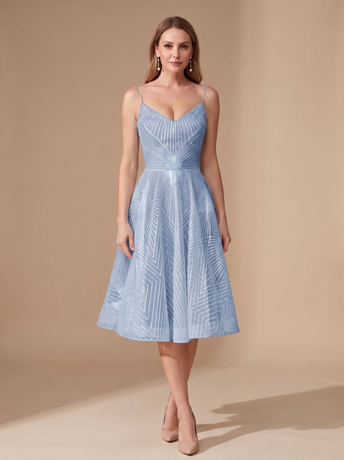 Women's A-Line Spaghetti Strap Lace Midi Cocktail Dress - Blue