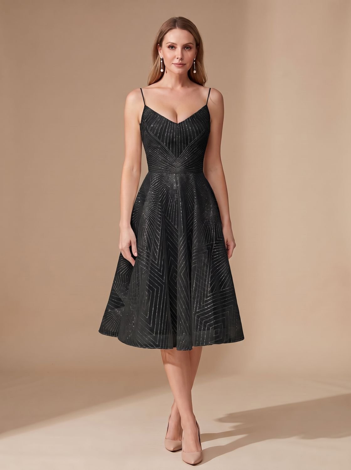 Women's A-Line Spaghetti Strap Lace Midi Cocktail Dress - Black