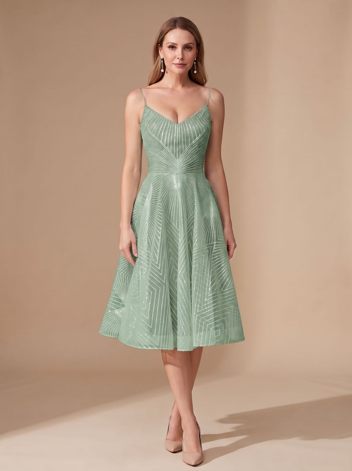 Women's A-Line Spaghetti Strap Lace Midi Cocktail Dress - Green