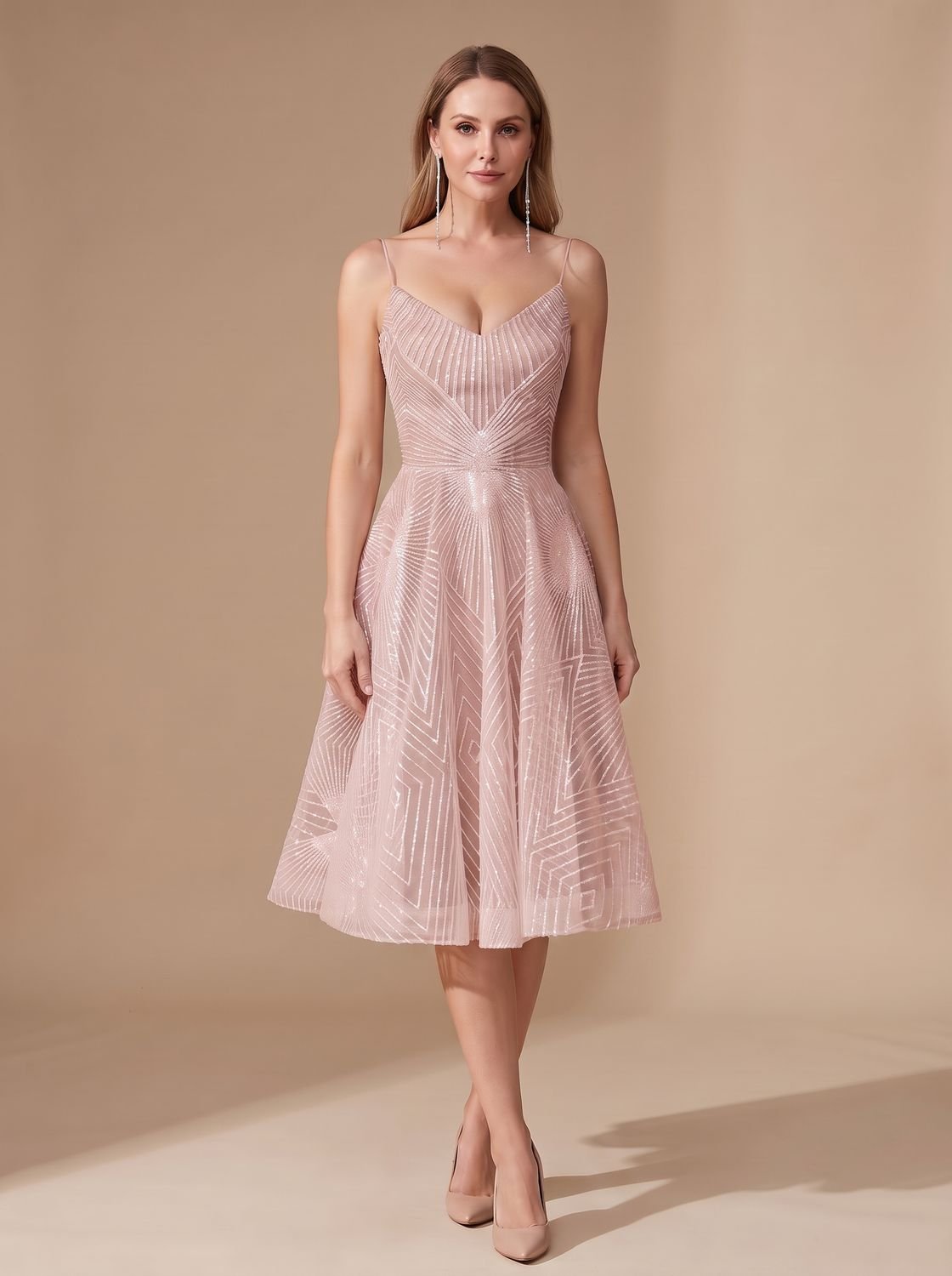 Women's A-Line Spaghetti Strap Lace Midi Cocktail Dress - Pink