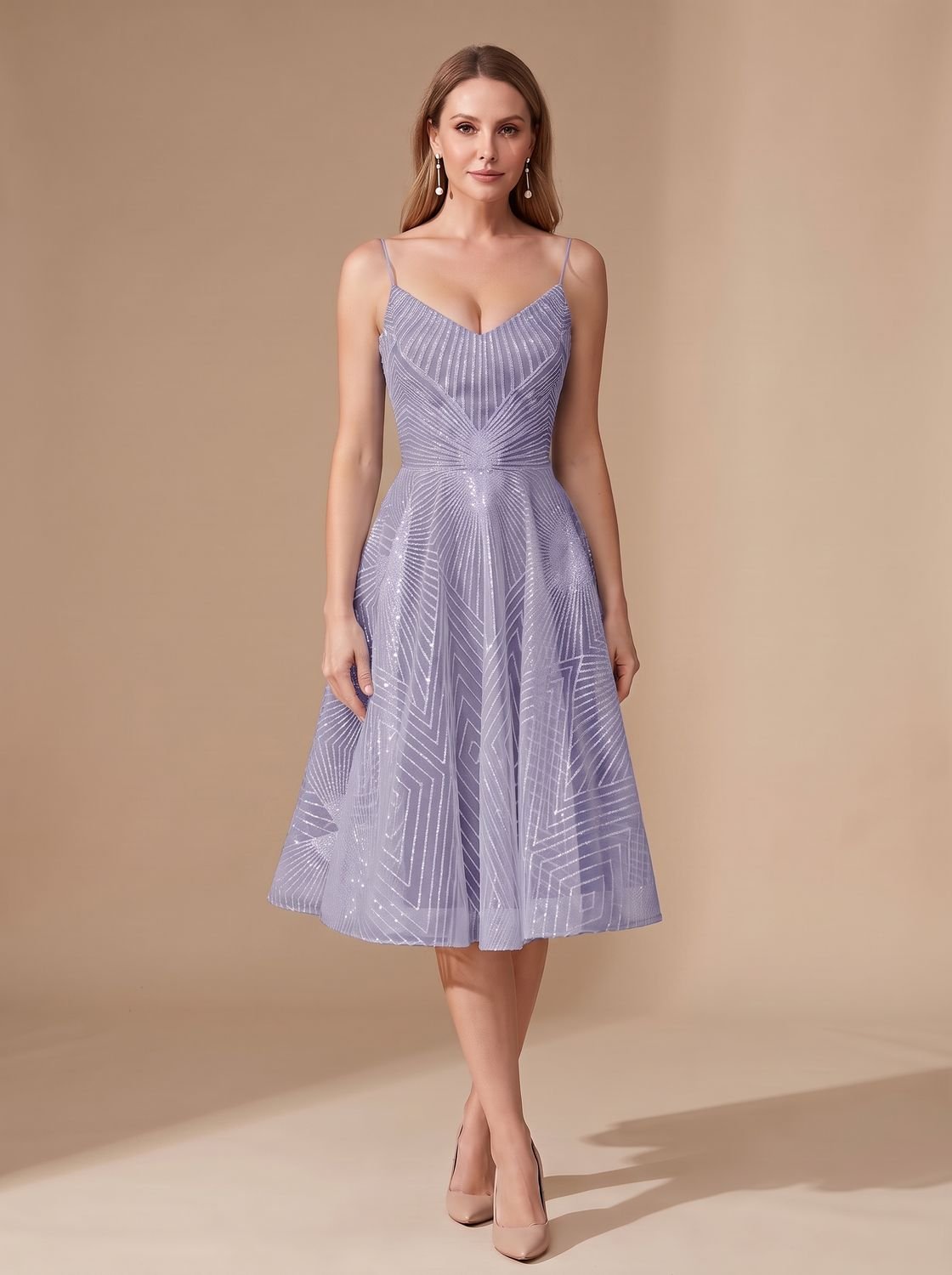 Women's A-Line Spaghetti Strap Lace Midi Cocktail Dress - Purple
