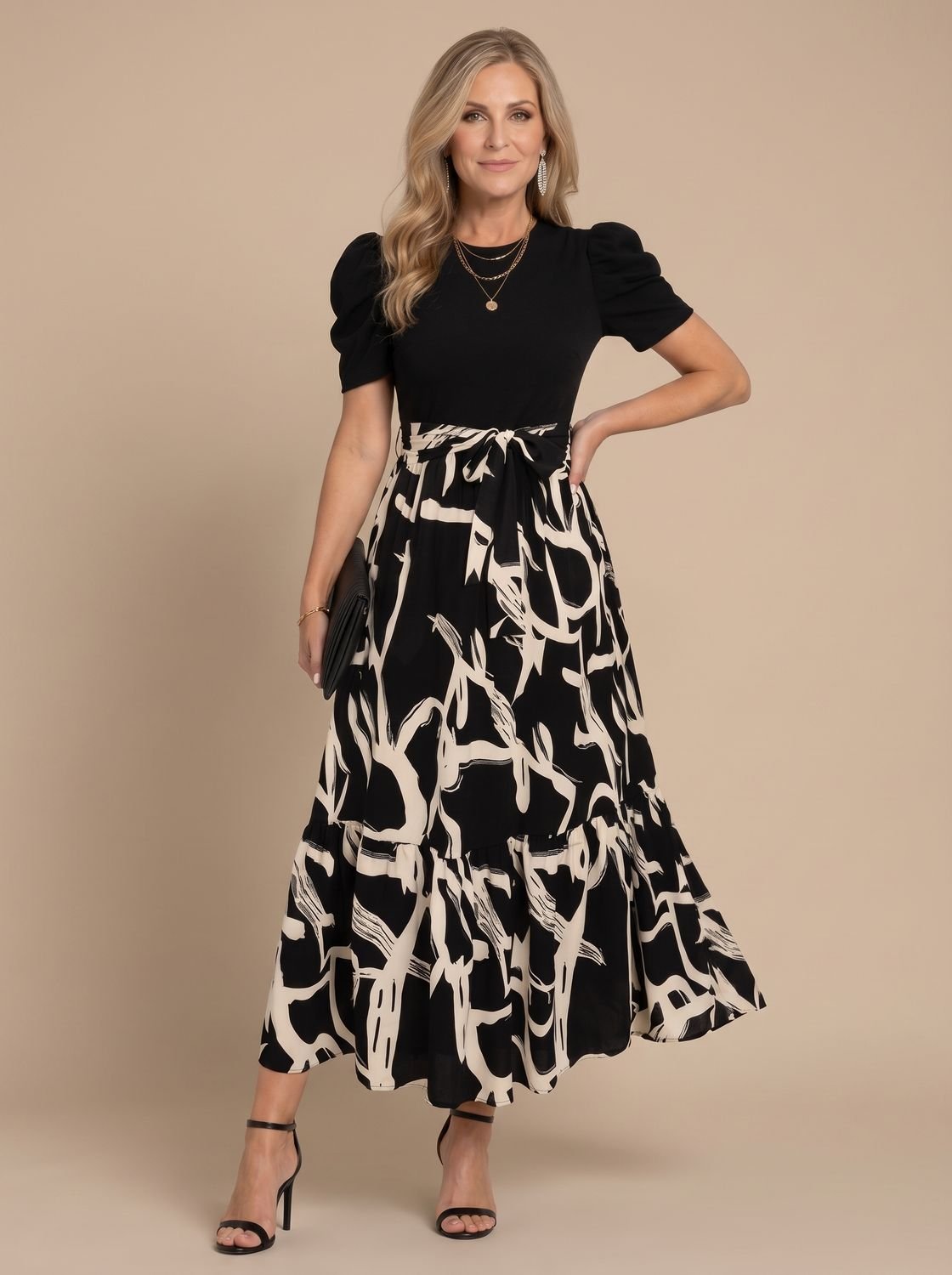 Women's Abstract Print Puff-Sleeve Defined-Waist Floral Maxi Dress - Black & Cream