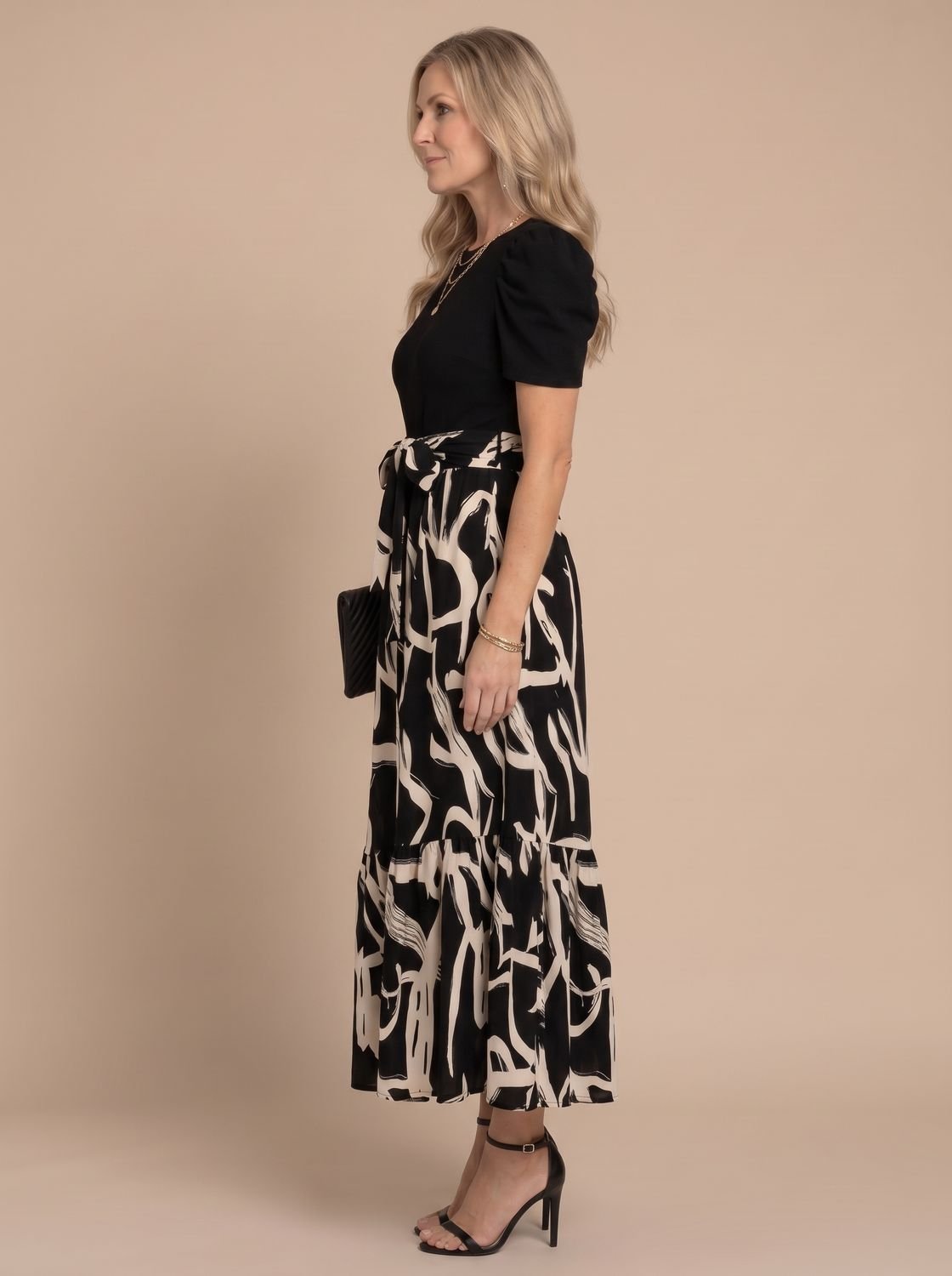 Women's Abstract Print Puff-Sleeve Defined-Waist Floral Maxi Dress