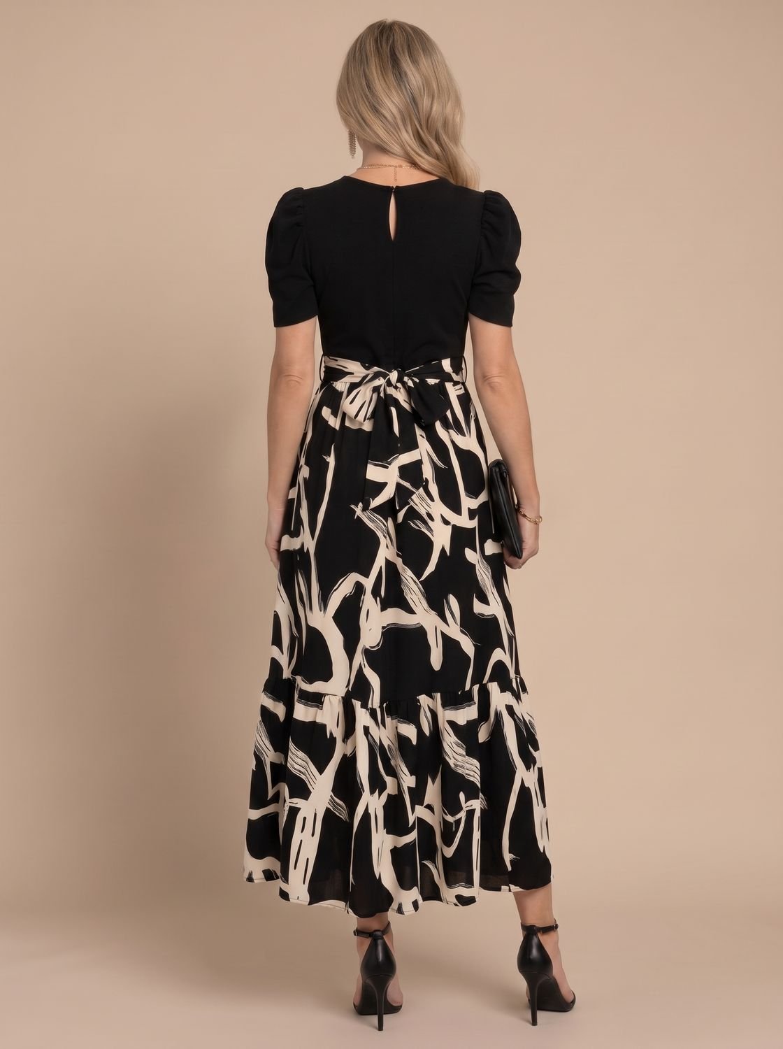 Women's Abstract Print Puff-Sleeve Defined-Waist Floral Maxi Dress