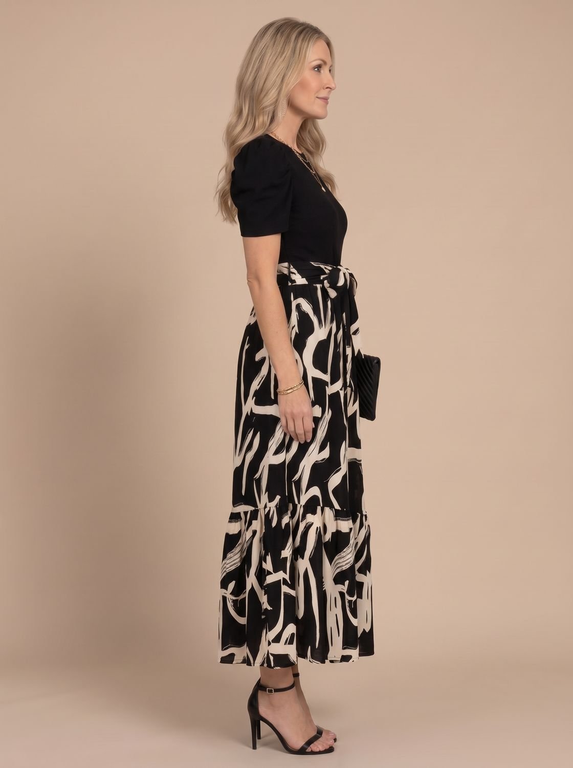 Women's Abstract Print Puff-Sleeve Defined-Waist Floral Maxi Dress