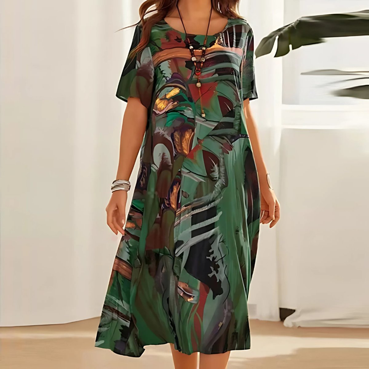 Women's Abstract Print Relaxed-Fit Short-Sleeve Floral Dress - Green