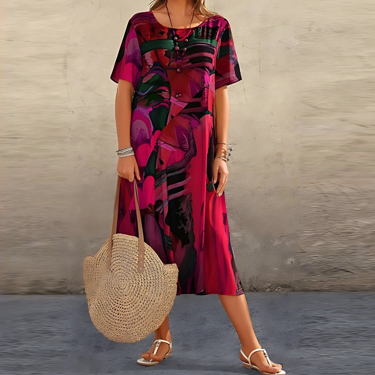 Women's Abstract Print Relaxed-Fit Short-Sleeve Floral Dress - Red