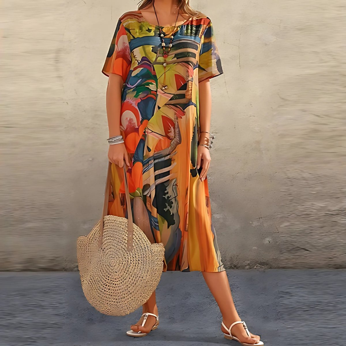 Women's Abstract Print Relaxed-Fit Short-Sleeve Floral Dress - Orange