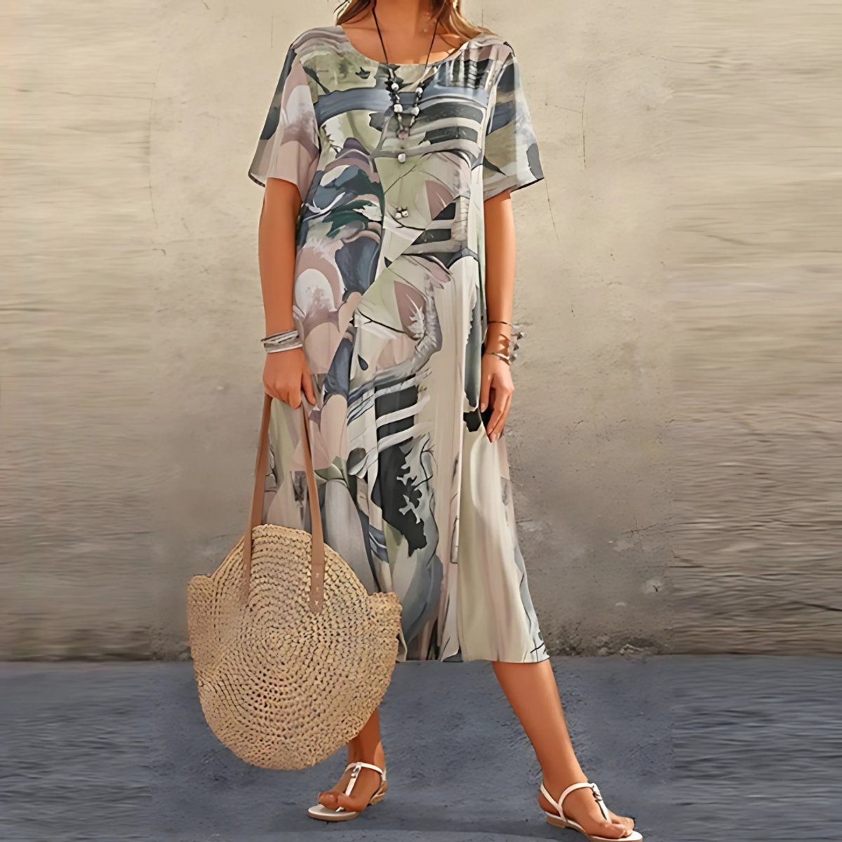 Women's Abstract Print Relaxed-Fit Short-Sleeve Floral Dress - Grey