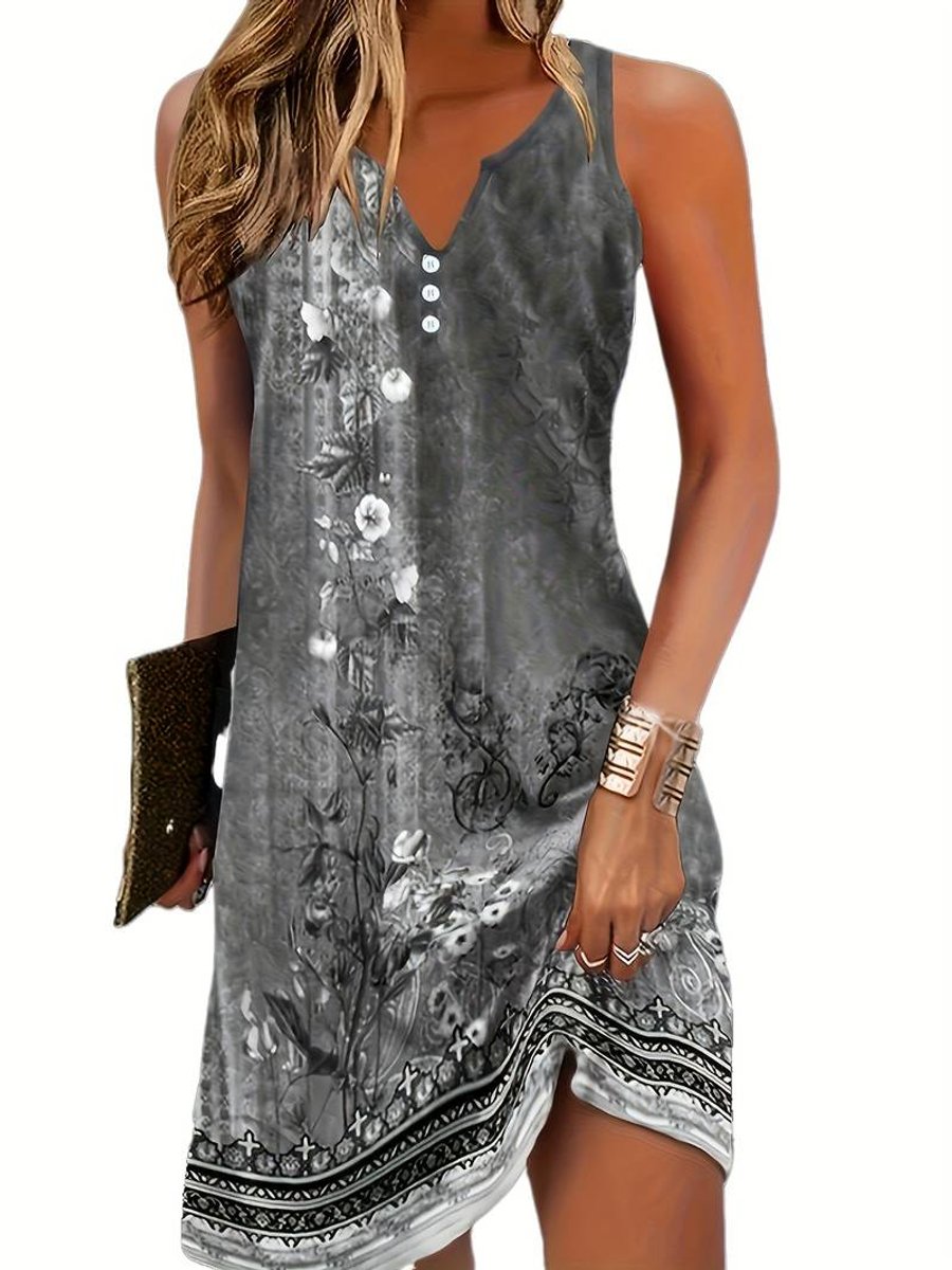 Women's Abstract Print Sleeveless V Neck Dress Mini Shift - Grey