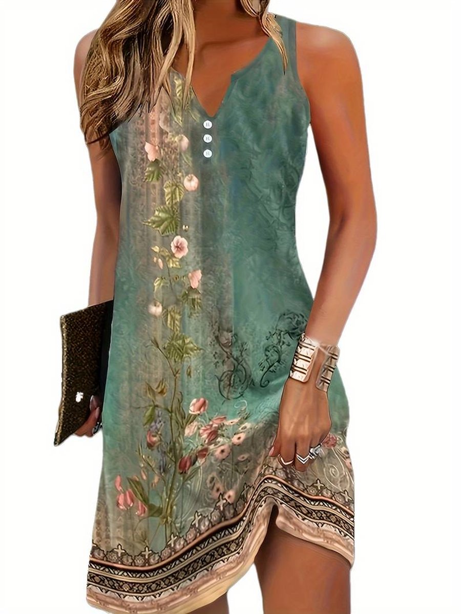 Women's Abstract Print Sleeveless V Neck Dress Mini Shift - Green
