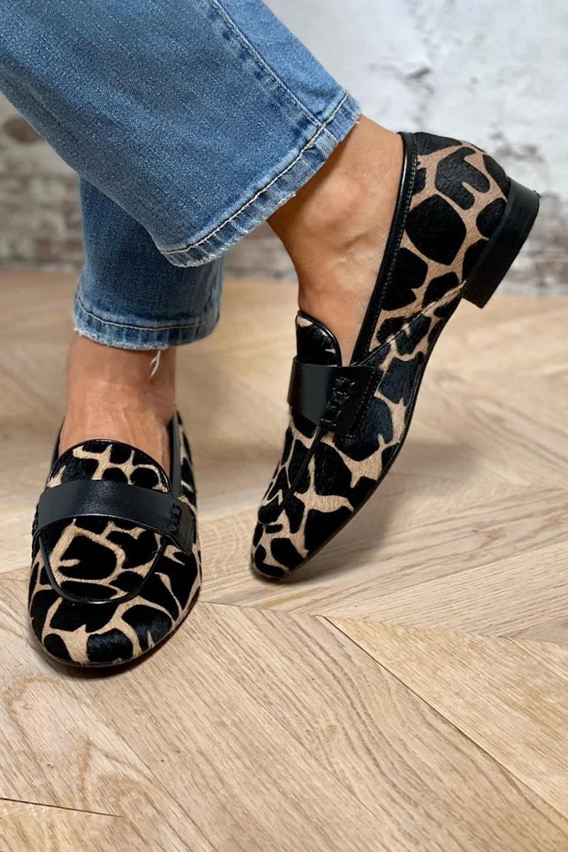 Women's Animal Print Calf-Hair Slip-On Loafers Black Strap