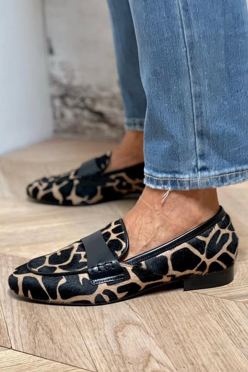 Women's Animal Print Calf-Hair Slip-On Loafers Black Strap