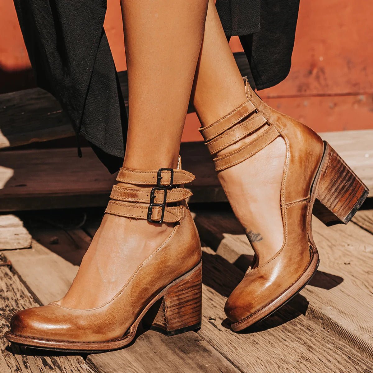 Women's Ankle Boots Block Heel Strappy Leather - Light brown (Sold Out)