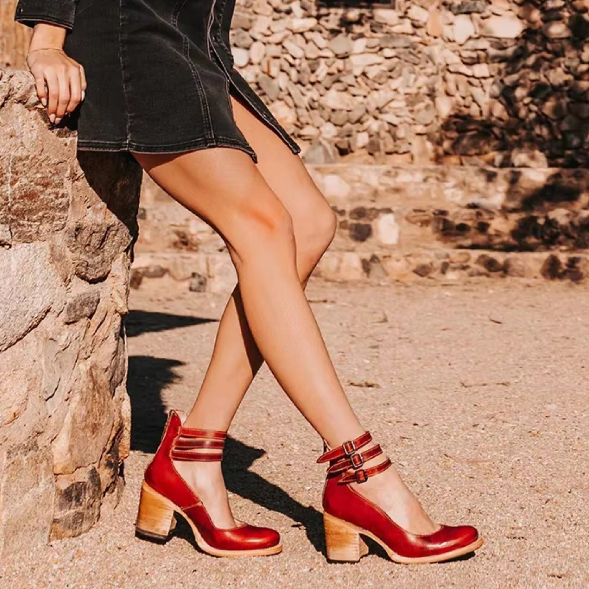 Women's Ankle Boots Block Heel Strappy Leather