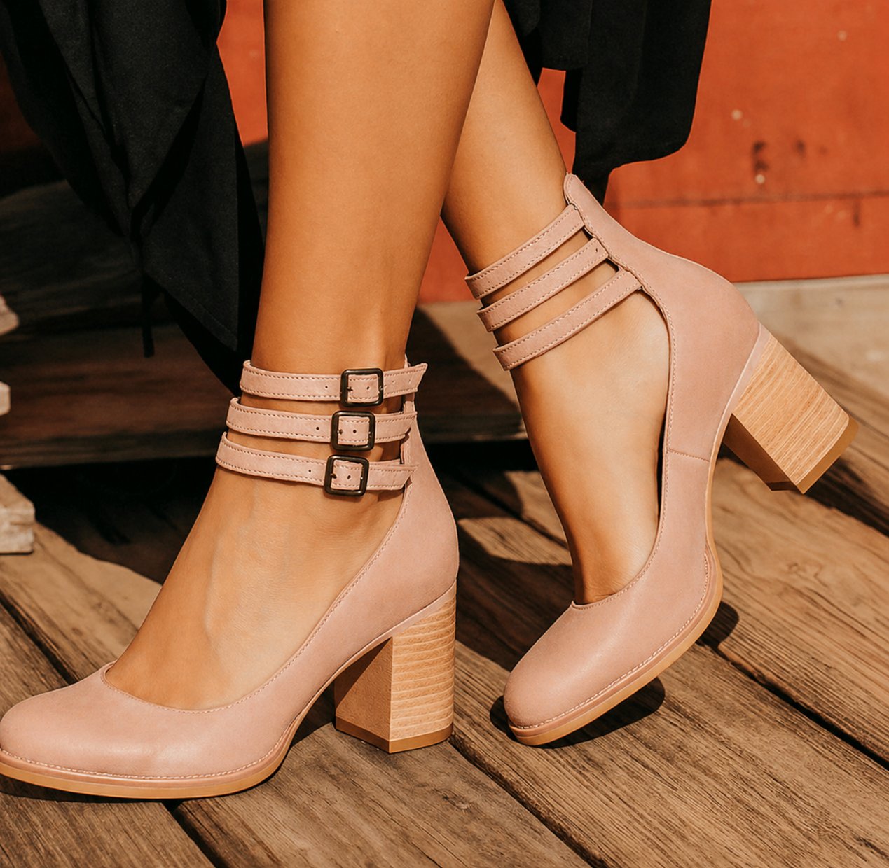 Women's Ankle Boots Block Heel Strappy Leather - Beige Suede
