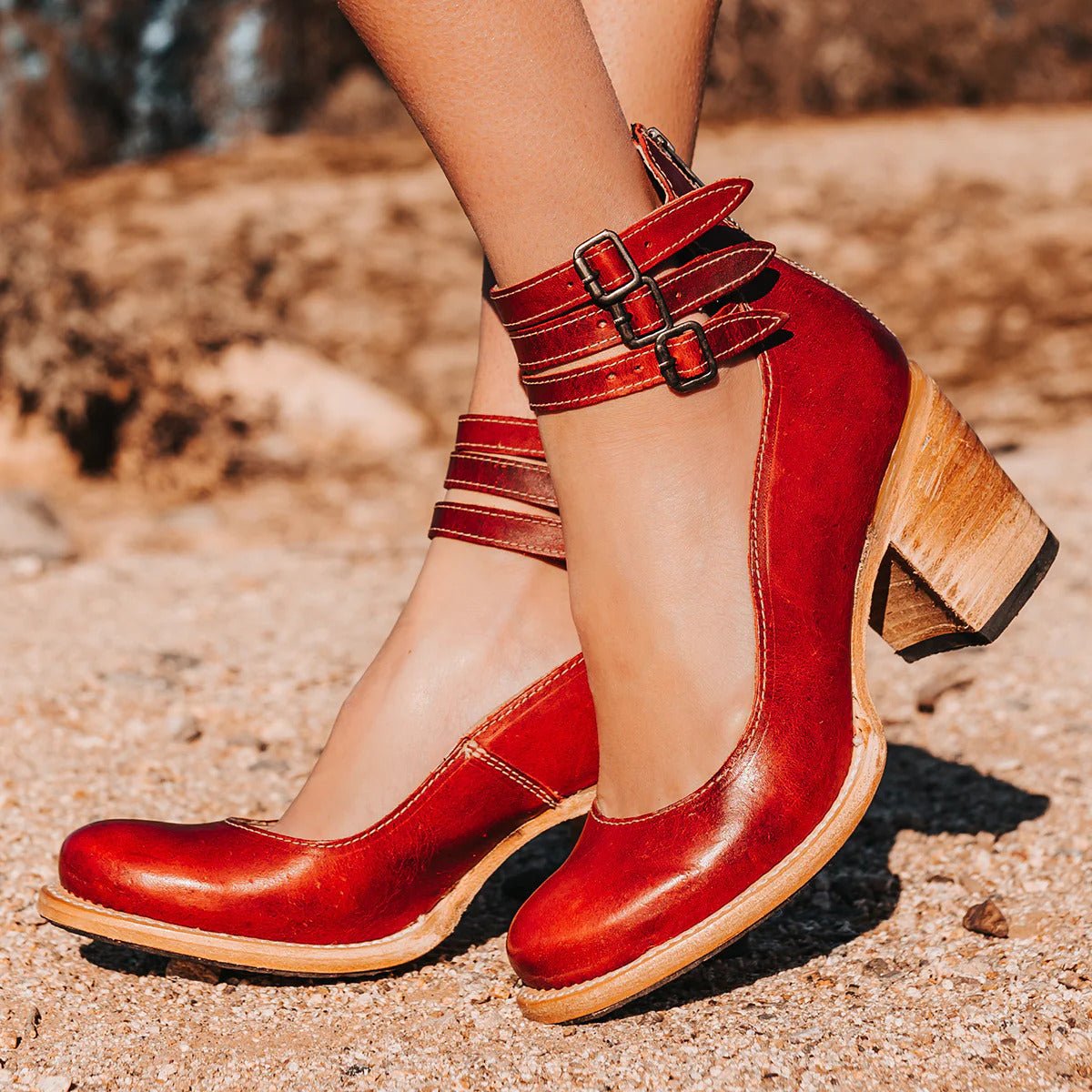 Women's Ankle Boots Block Heel Strappy Leather - Red (Almost Sold Out)