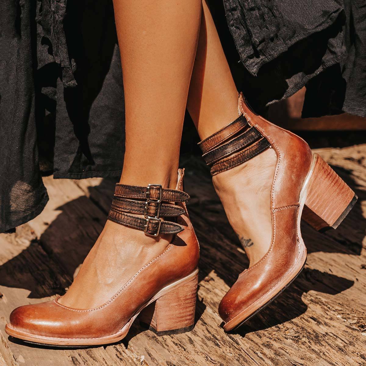 Women's Ankle Boots Block Heel Strappy Leather - Dark brown (Almost Sold Out)