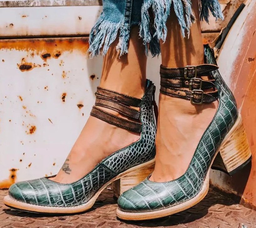 Women's Ankle Boots Block Heel Strappy Leather - Green snake (Sold Out)