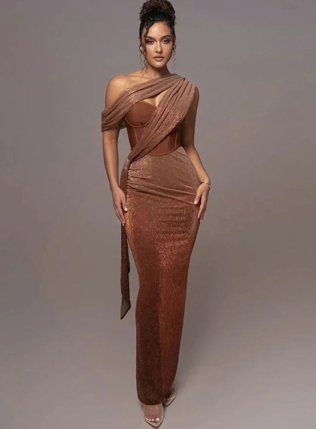 Women's Asymmetric One-Shoulder Sequin Maxi Evening Dress - Brown