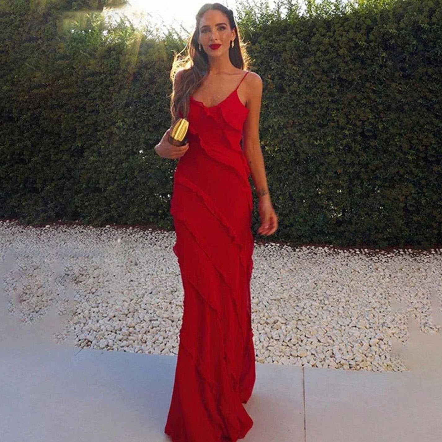 Women's Asymmetric Ruffle Spaghetti-Strap Formal Maxi Dress - Red
