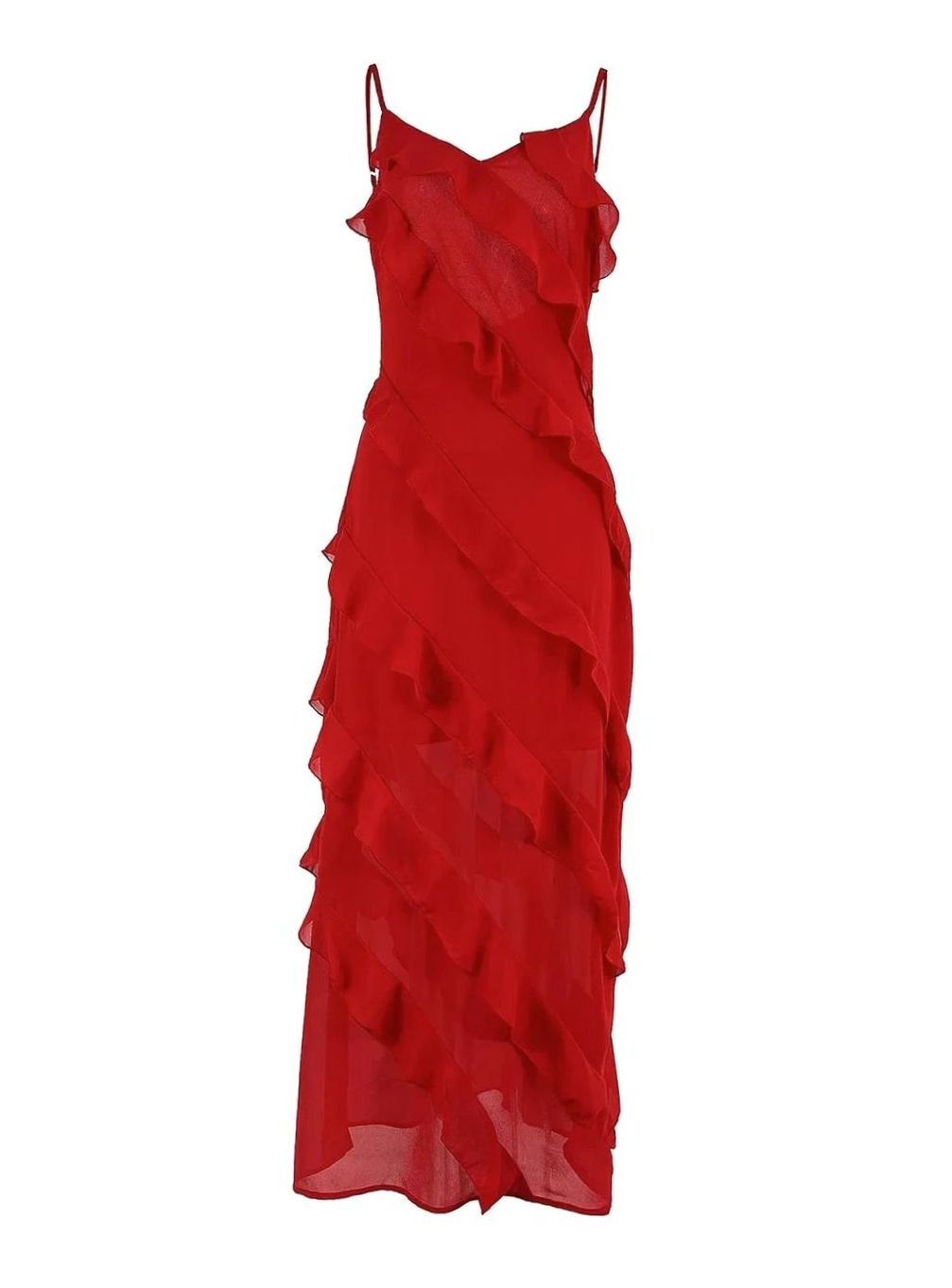 Women's Asymmetric Ruffle Spaghetti-Strap Formal Maxi Dress
