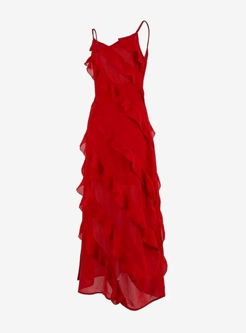 Women's Asymmetric Ruffle Spaghetti-Strap Formal Maxi Dress
